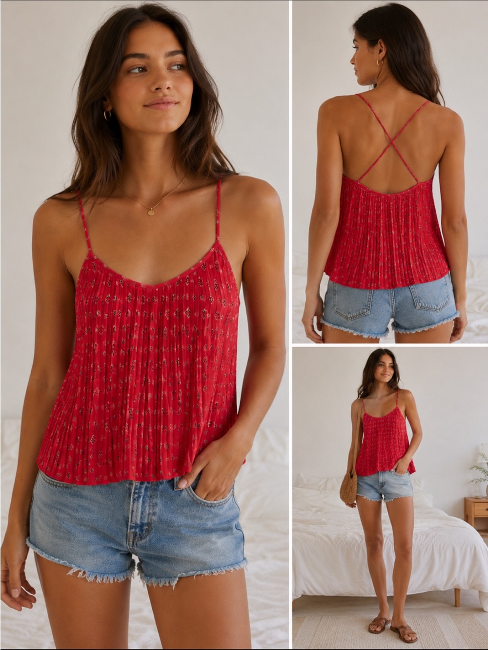 Hollister Coral Red Floral Pleated Cami